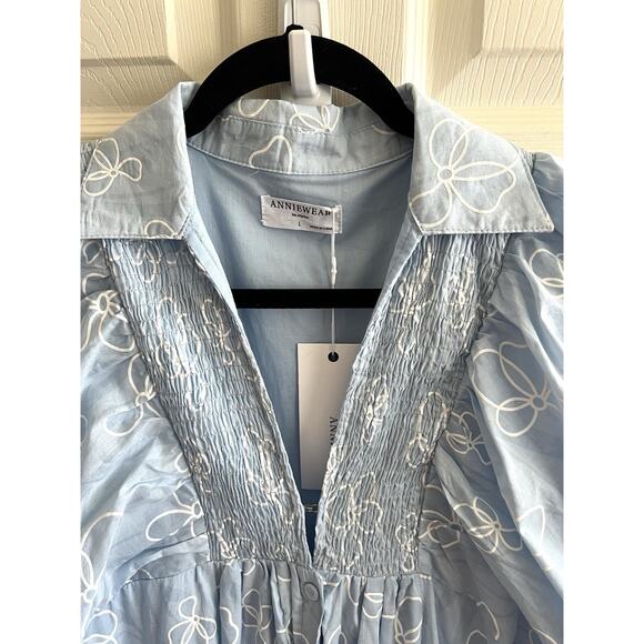 ANNIE WEAR Pale Blue Floral Smocked Puff Sleeve Button Shirt Midi Dress Sz L NWT - Picture 7 of 16